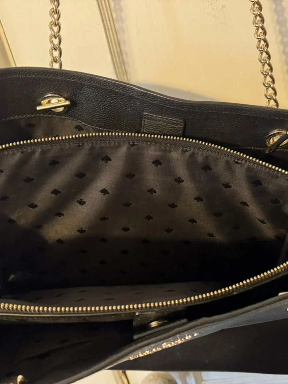 Kate Spade Black Leather Tote Purse with Gold Chain Link Straps